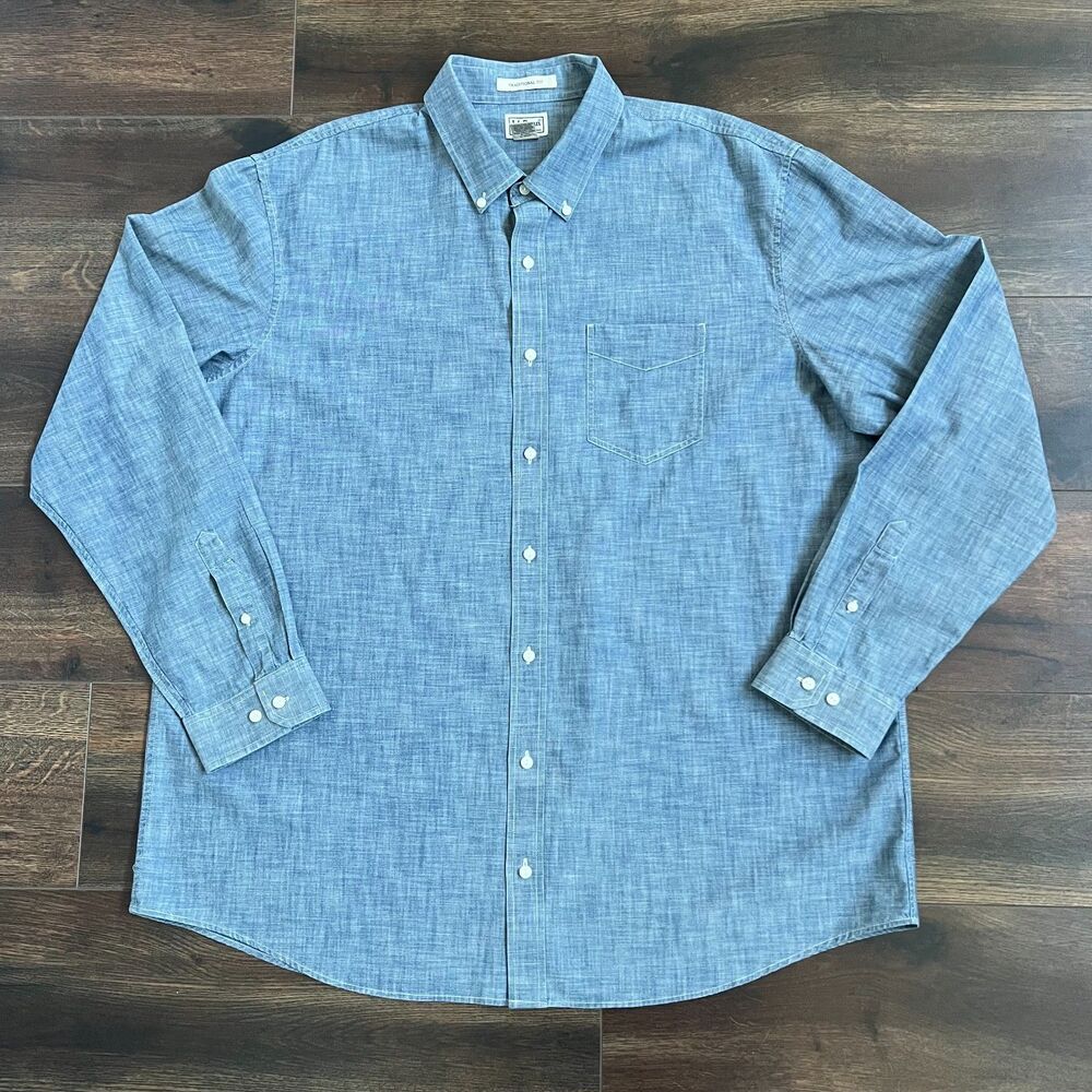 LL Bean Shirt Men' s Size 2XL XXL Tall Blue Chambray Traditional Fit Long Sleeve